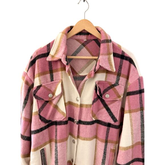 Womens Pink Lapel Plaid Wool Blend Coat Shirt Jacket Shacket XXL M Barn Flannel - Picture 5 of 6